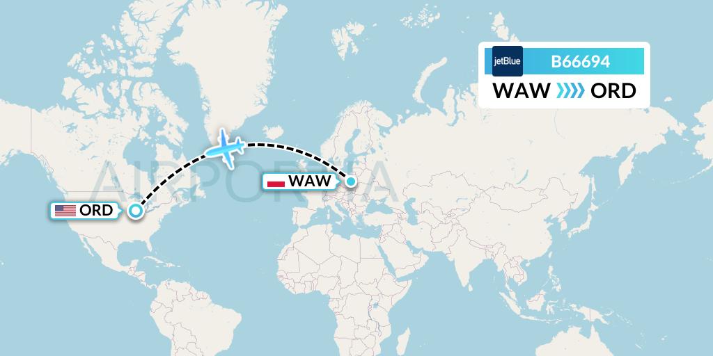 B66694 JetBlue Airways Flight Map: Warsaw to Chicago