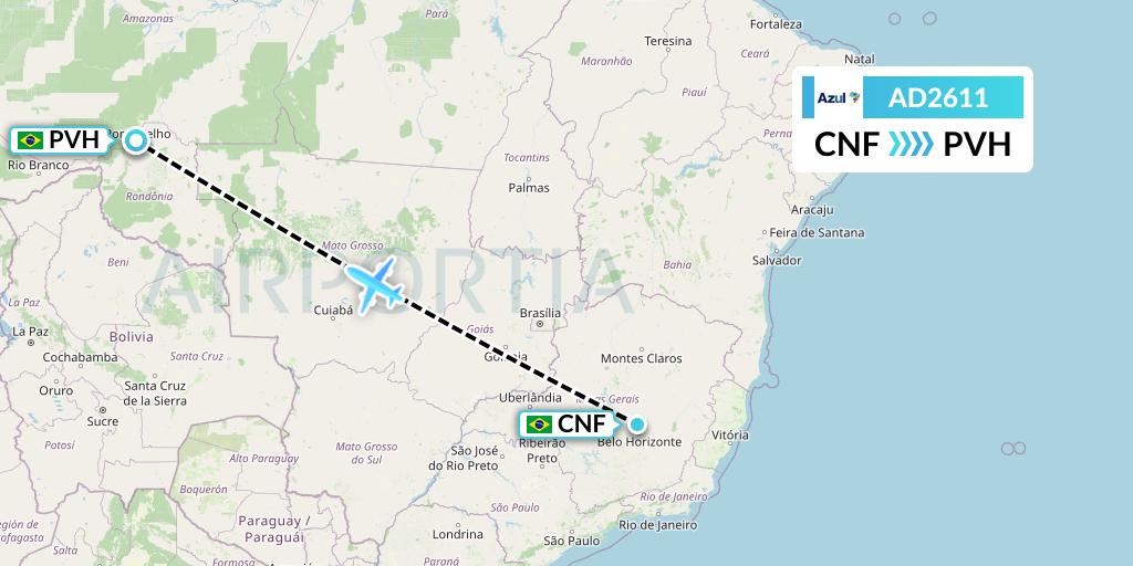 AD2611 Azul Brazilian Airlines Flight Map: Belo Horizonte to Porto Velho