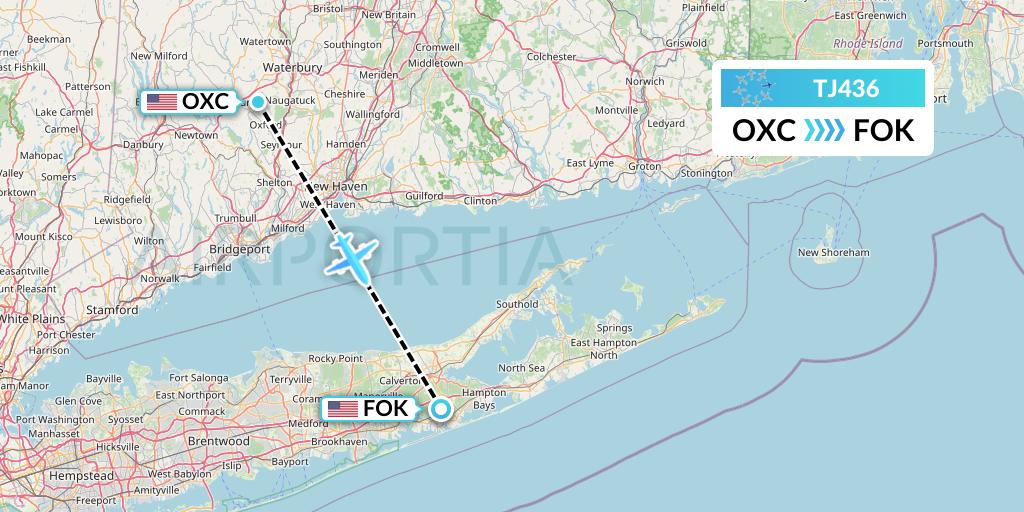 TJ436 Tradewind Aviation Flight Map: Oxford to Westhampton Beach