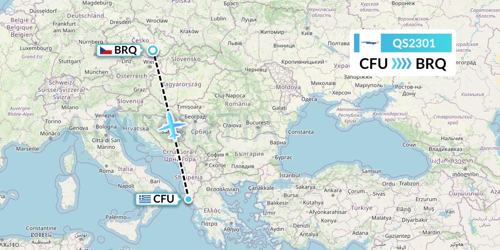 QS2301 Smartwings Flight Map: Corfu to Brno