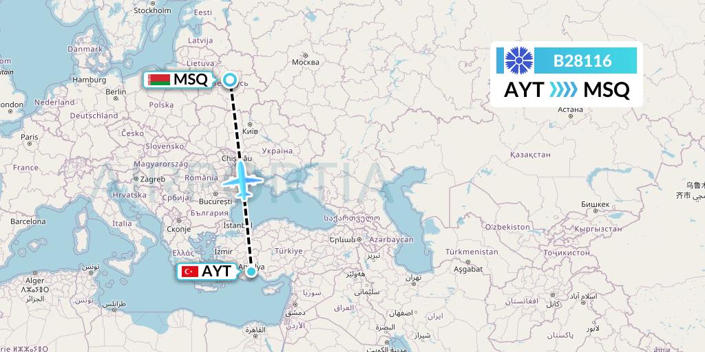 B28116 Belavia Flight Map: Antalya to Minsk