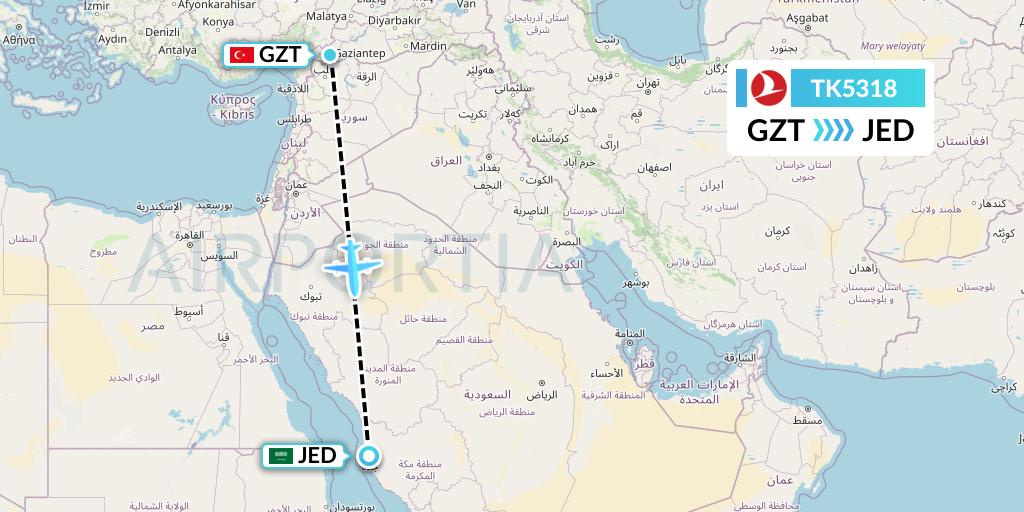 TK5318 Turkish Airlines Flight Map: Gaziantep to Jeddah