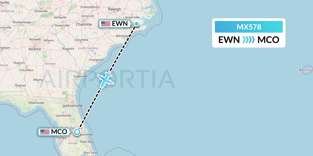 MX578 Breeze Airways Flight Map: New Bern to Orlando