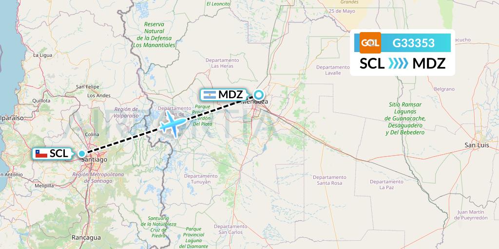 G33353 GOL Transportes Aeros Flight Map: Santiago to Mendoza