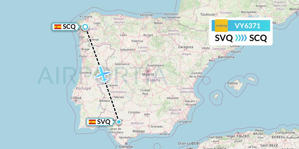VY6371 Vueling Flight Map: Seville to Santiago