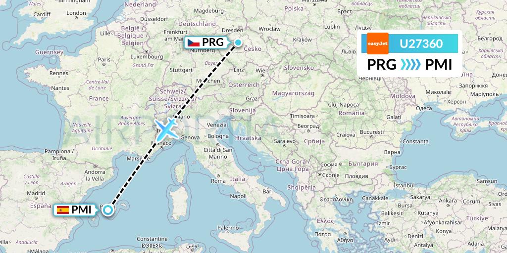 U27360 EasyJet Flight Map: Prague to Palma de Mallorca