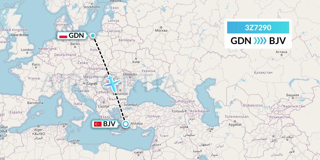 3Z7290 Travel Service Polska Flight Map: Gdansk to Bodrum