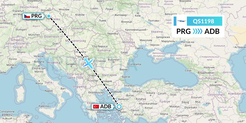 QS1198 Smartwings Flight Map: Prague to Izmir