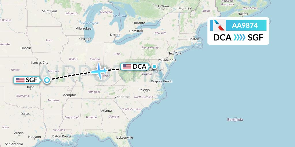 AA9874 American Airlines Flight Map: Washington to Springfield
