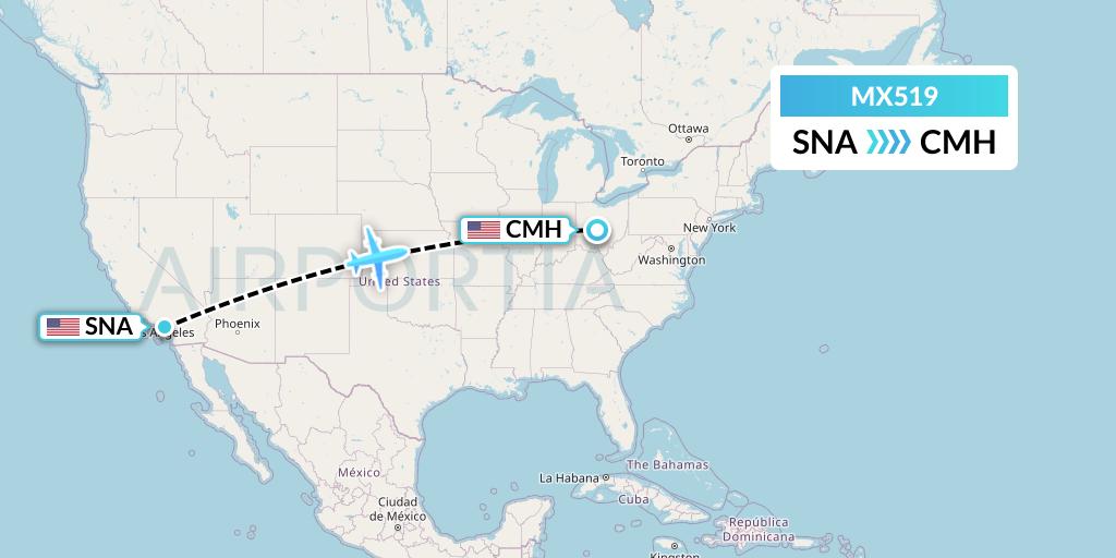 MX519 Breeze Airways Flight Map: Orange County to Columbus