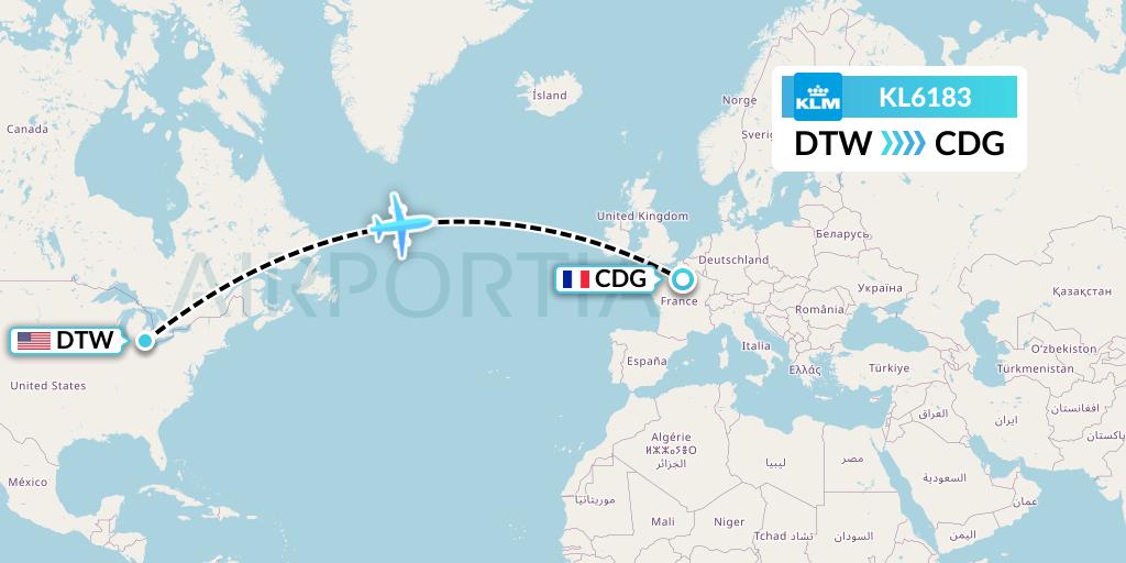 KL6183 KLM Flight Map: Detroit to Paris