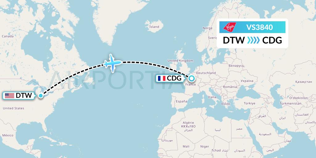 VS3840 Virgin Atlantic Airways Flight Map: Detroit to Paris
