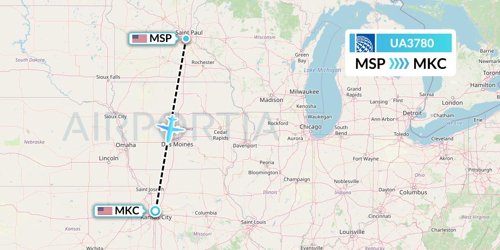 UA3780 United Airlines Flight Map: Minneapolis to Kansas City