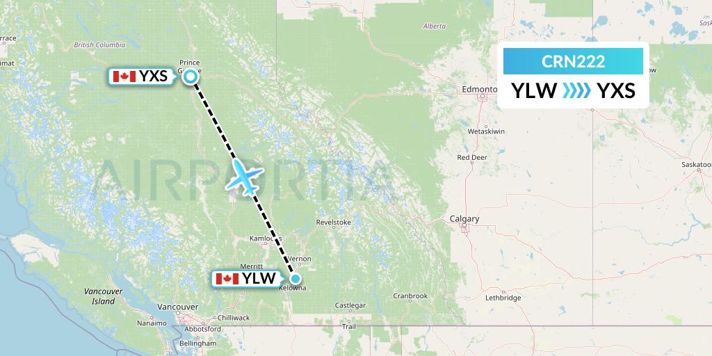 CRN222 Aerocaribbean Flight Map: Kelowna to Prince George