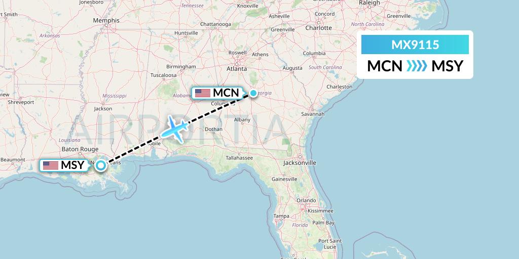 MX9115 Breeze Airways Flight Map: Macon to New Orleans