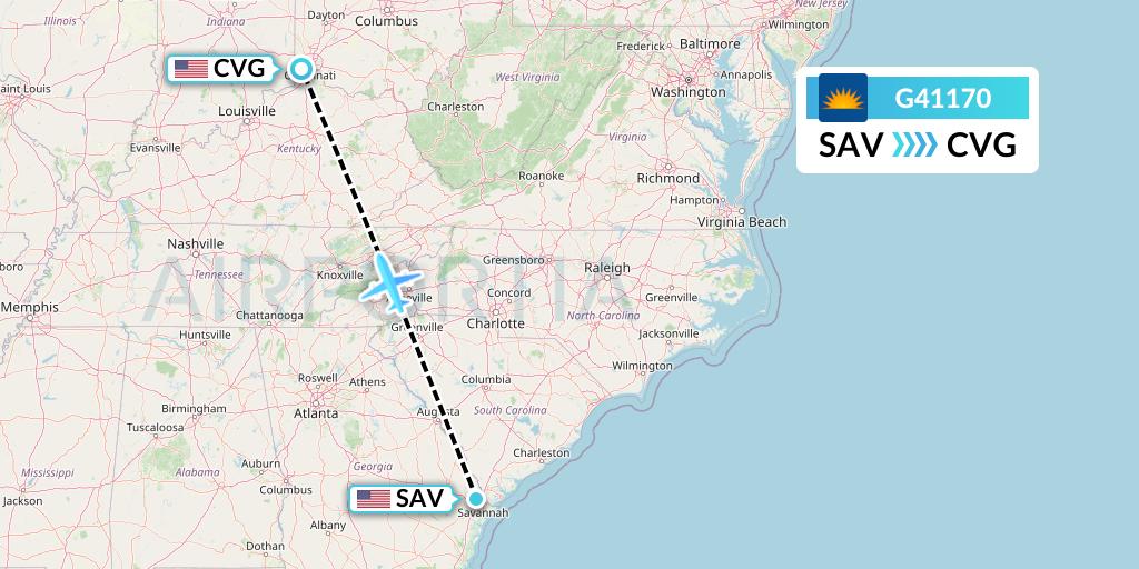 G41170 Allegiant Air Flight Map: Savannah to Cincinnati