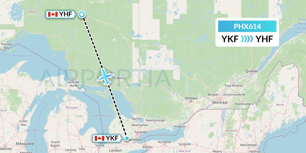 PHX614 SkyCare Flight Map: Waterloo to Hearst