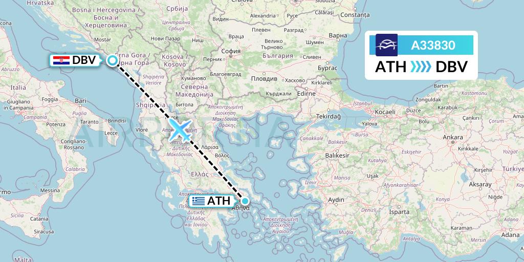 A33830 Aegean Airlines Flight Map: Athens to Dubrovnik