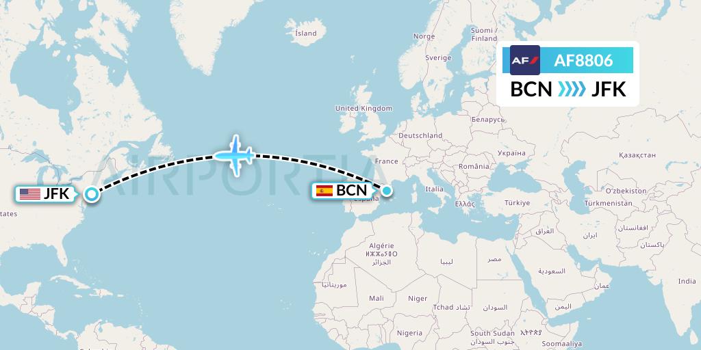 AF8806 Air France Flight Map: Barcelona to New York