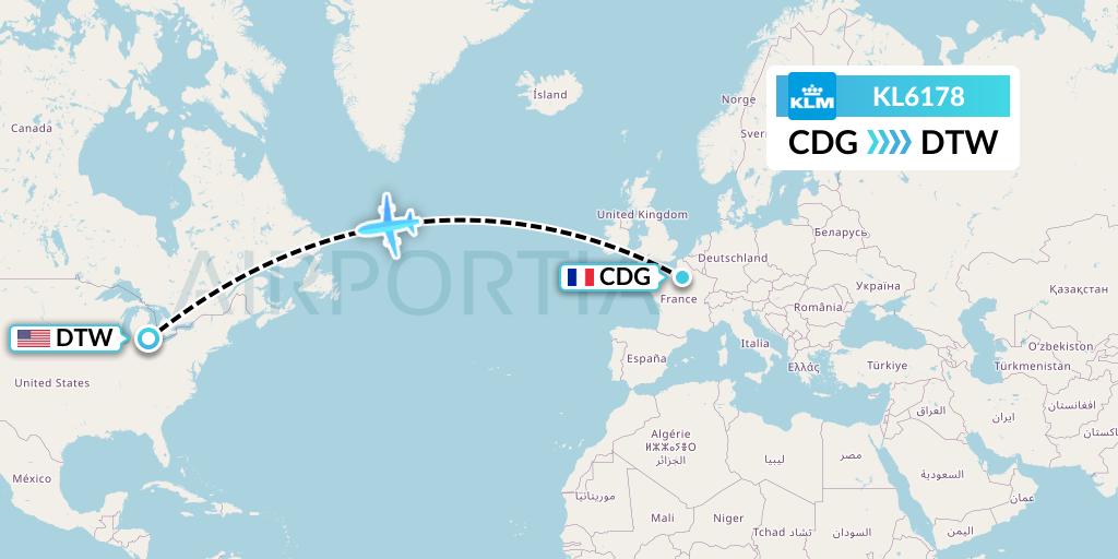 KL6178 KLM Flight Map: Paris to Detroit