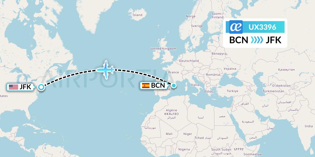 UX3396 Air Europa Flight Map: Barcelona to New York
