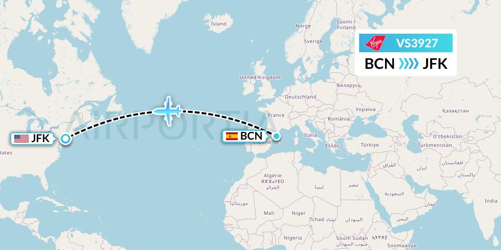 VS3927 Virgin Atlantic Airways Flight Map: Barcelona to New York