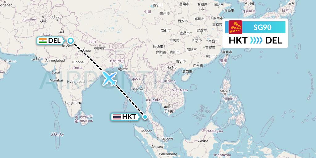 SG90 SpiceJet Flight Map: Phuket to Delhi