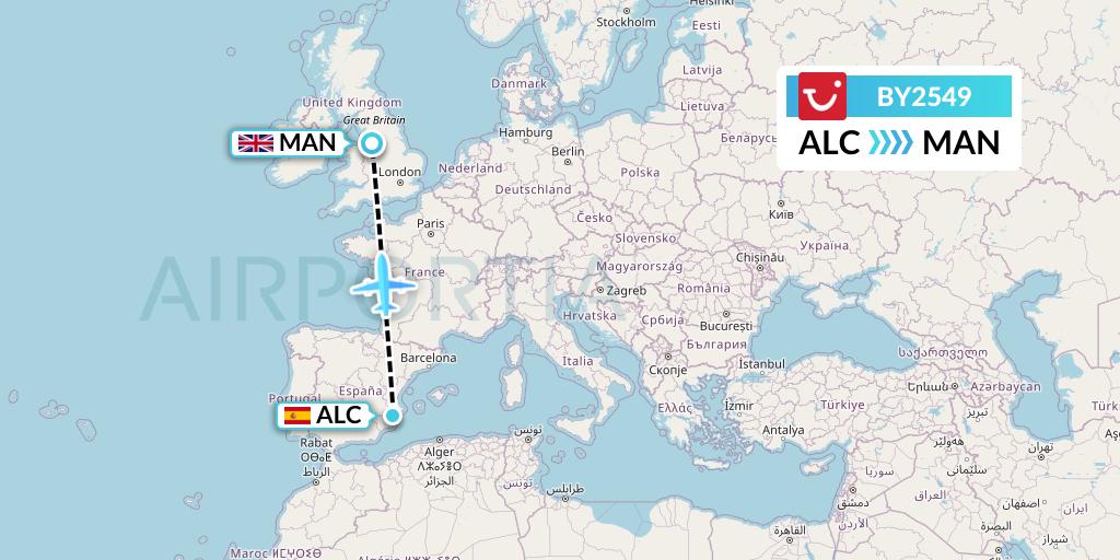 BY2549 TUI Airways Flight Map: Alicante to Manchester