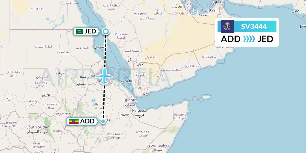 SV3444 Saudi Arabian Airlines Flight Map: Addis Ababa to Jeddah