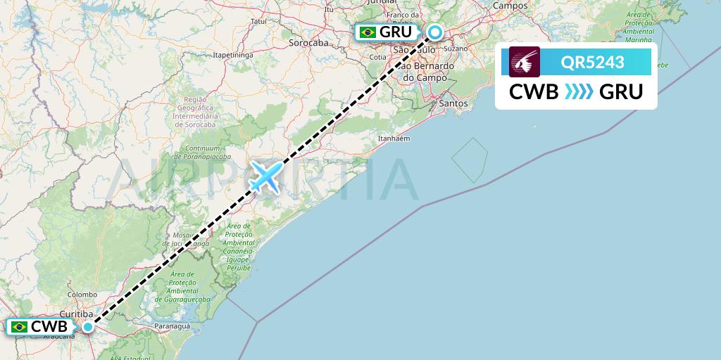 QR5243 Qatar Airways Flight Map: Curitiba to Sao Paulo