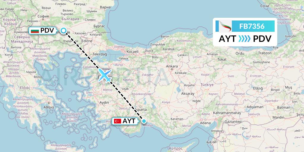 FB7356 Bulgaria Air Flight Map: Antalya to Plovdiv