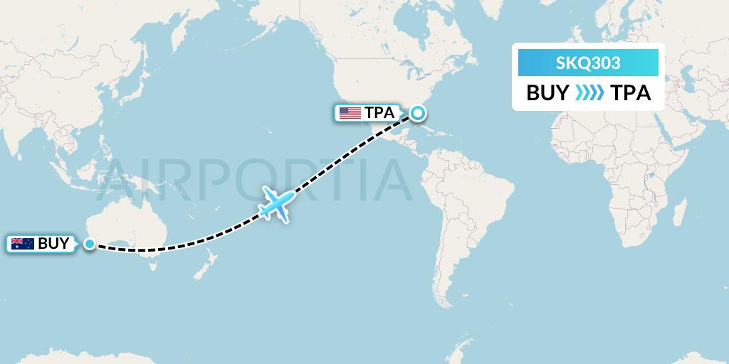 SKQ303 Labcorp Flight Map: Bunbury to Tampa