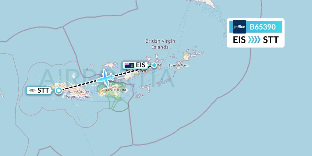 B65390 JetBlue Airways Flight Map: Beef Island to St. Thomas
