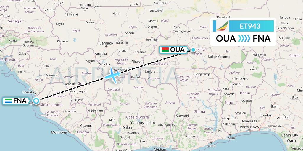 ET943 Ethiopian Airlines Flight Map: Ouagadougou to Freetown
