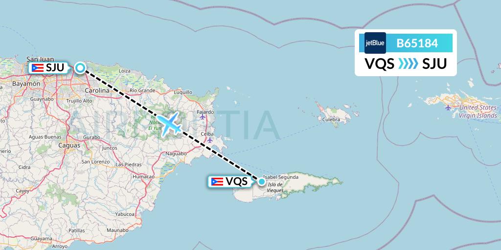 B65184 JetBlue Airways Flight Map: Vieques to San Juan