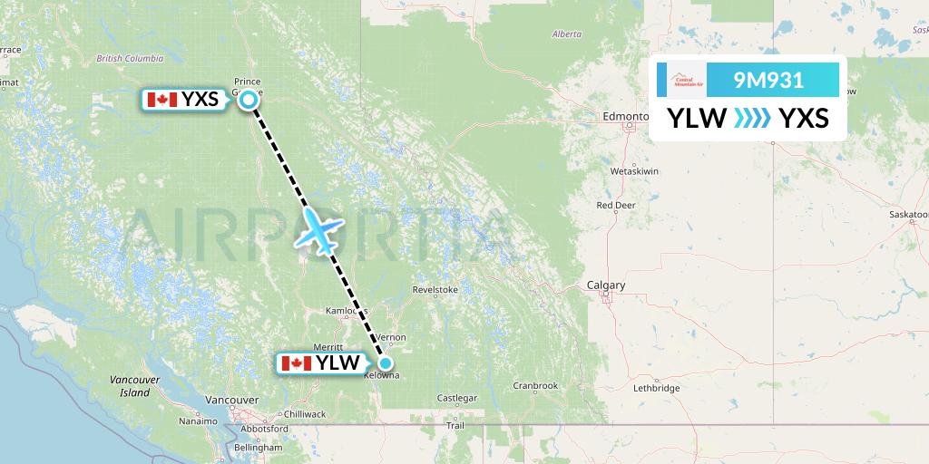 9M931 Central Mountain Air Flight Map: Kelowna to Prince George