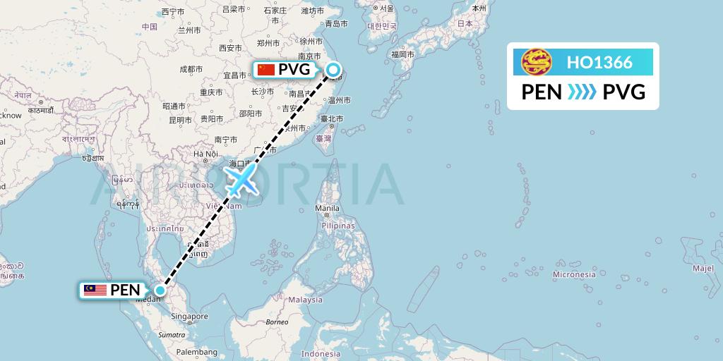HO1366 Juneyao Airlines Flight Map: Penang to Shanghai