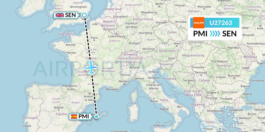 U27263 EasyJet Flight Map: Palma de Mallorca to Southend