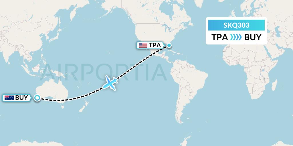 SKQ303 Labcorp Flight Map: Tampa to Bunbury