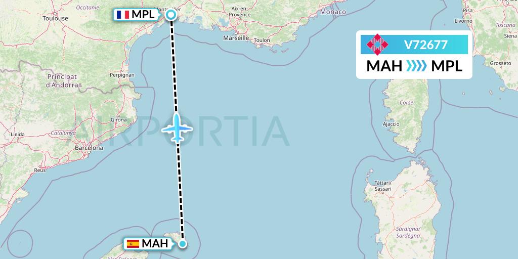 V72677 Volotea Flight Map: Mahon to Montpellier