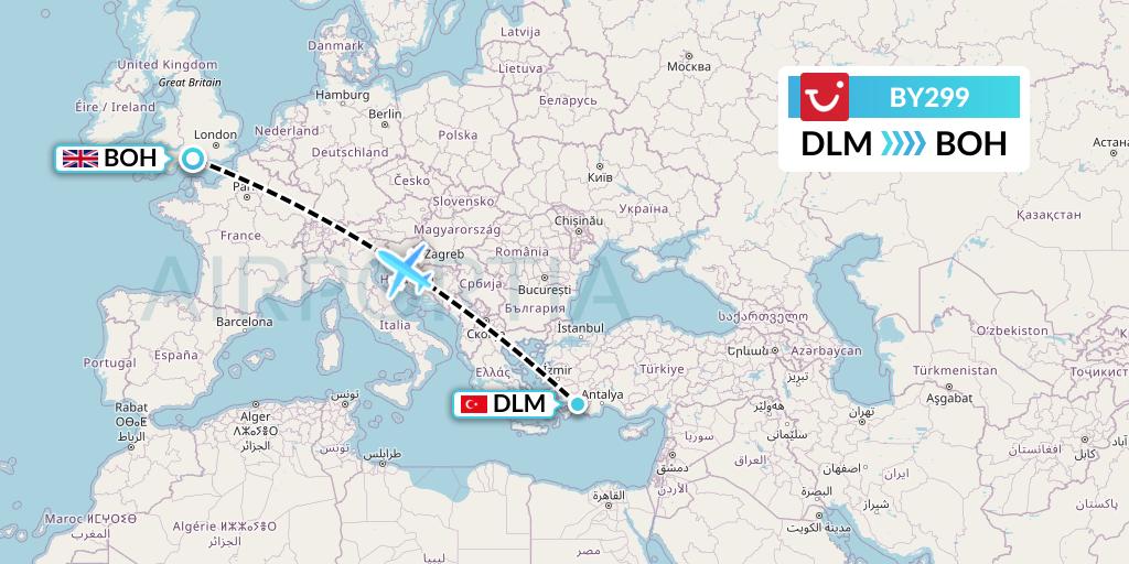BY299 TUI Airways Flight Map: Dalaman to Bournemouth
