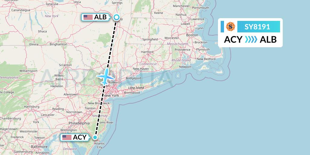 SY8191 Sun Country Airlines Flight Map: Atlantic City to Albany