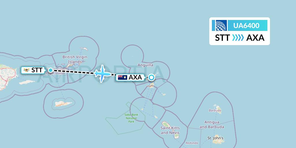 UA6400 United Airlines Flight Map: St. Thomas to The Valley