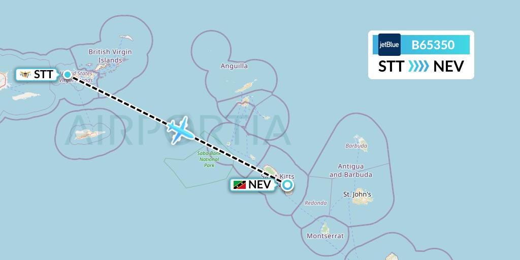 B65350 JetBlue Airways Flight Map: St. Thomas to Nevis
