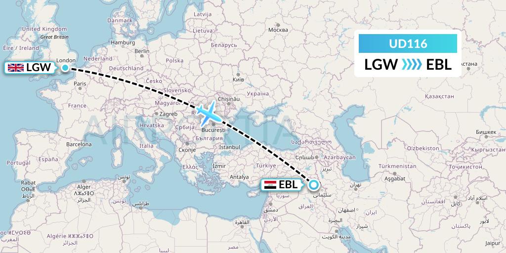UD116 UR Airlines Flight Map: London to Arbil