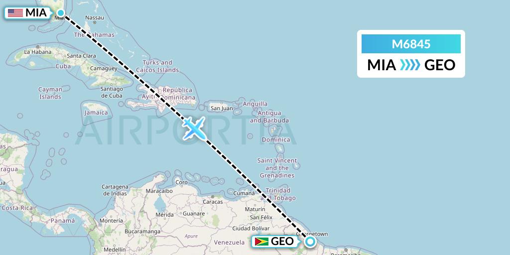 M6845 Amerijet International Flight Map: Miami to Georgetown