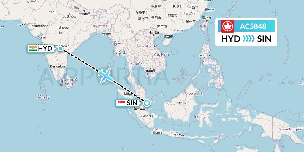 AC5848 Air Canada Flight Map: Hyderabad to Singapore