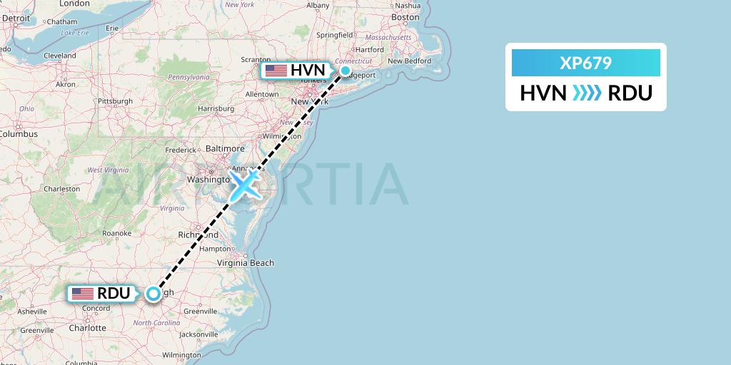 XP679 Avelo Airlines Flight Map: New Haven to Raleigh-Durham