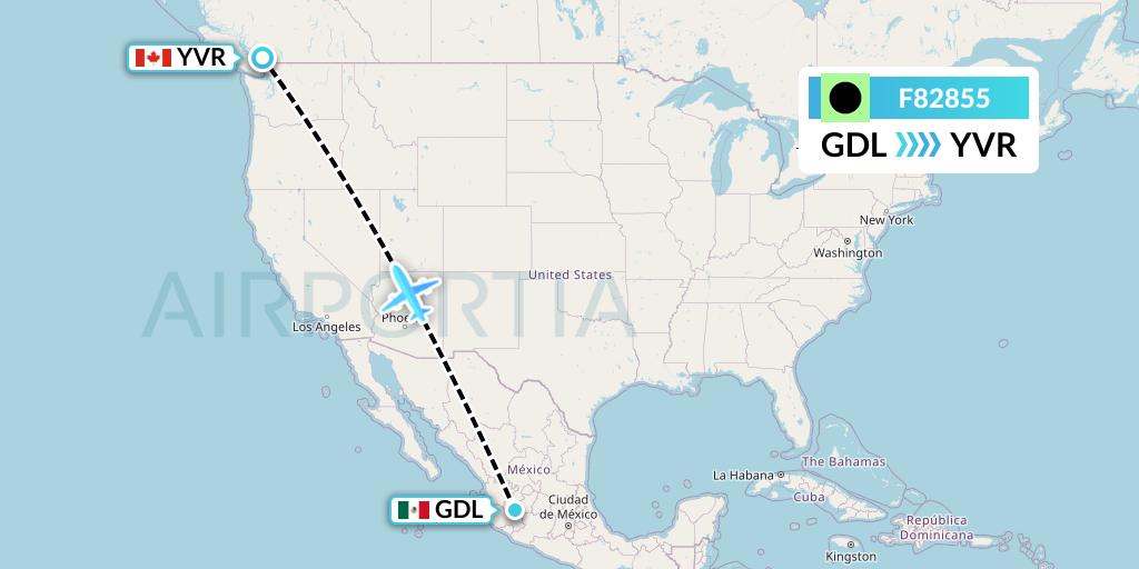 F82855 Flair Airlines Flight Map: Guadalajara to Vancouver