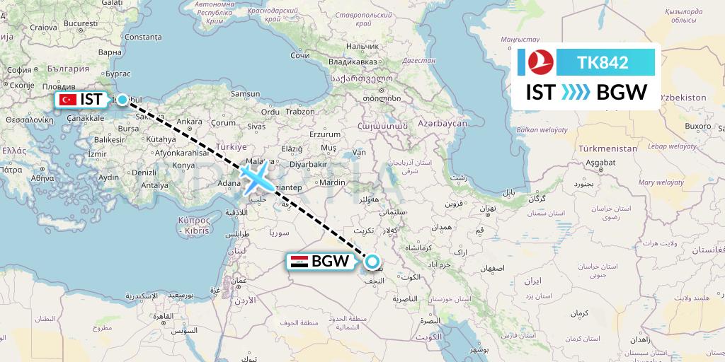 TK842 Turkish Airlines Flight Map: Istanbul to Baghdad